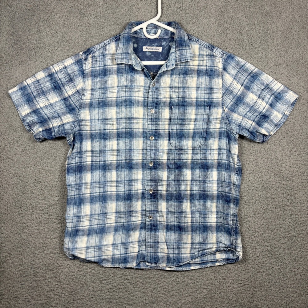 Tommy Bahama Men Large Blue White Acid Wash Plaid Short Sleeve Button Down Shirt